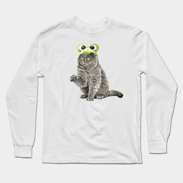 Funny Watercolor British Shorthair Cat Wearing Frog Helmet Long Sleeve T-Shirt by labatchino